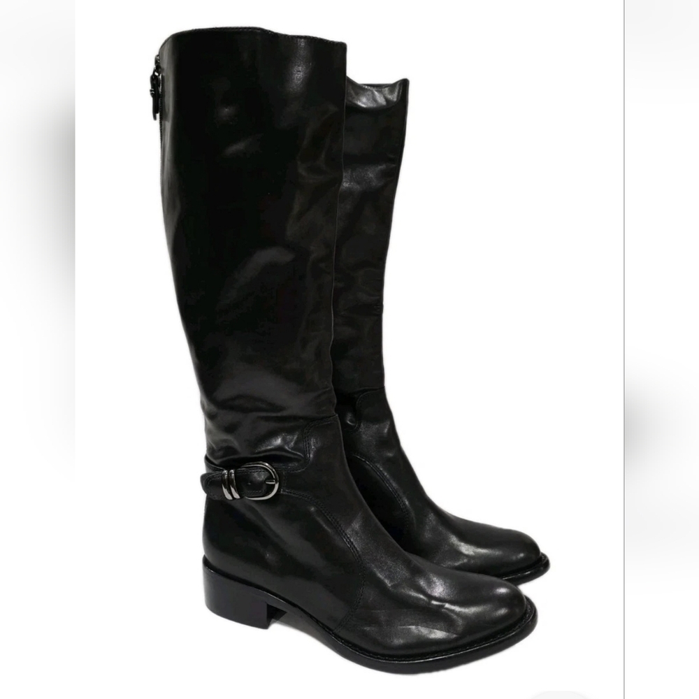 Via Spiga BLACK LEATHER Boot Charcoal Harness Knee High Zipper Riding 7.5 M New